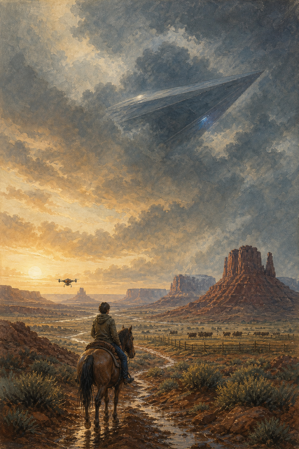 A rider on horseback watches an alien craft cross a rain-washed desert at dawn