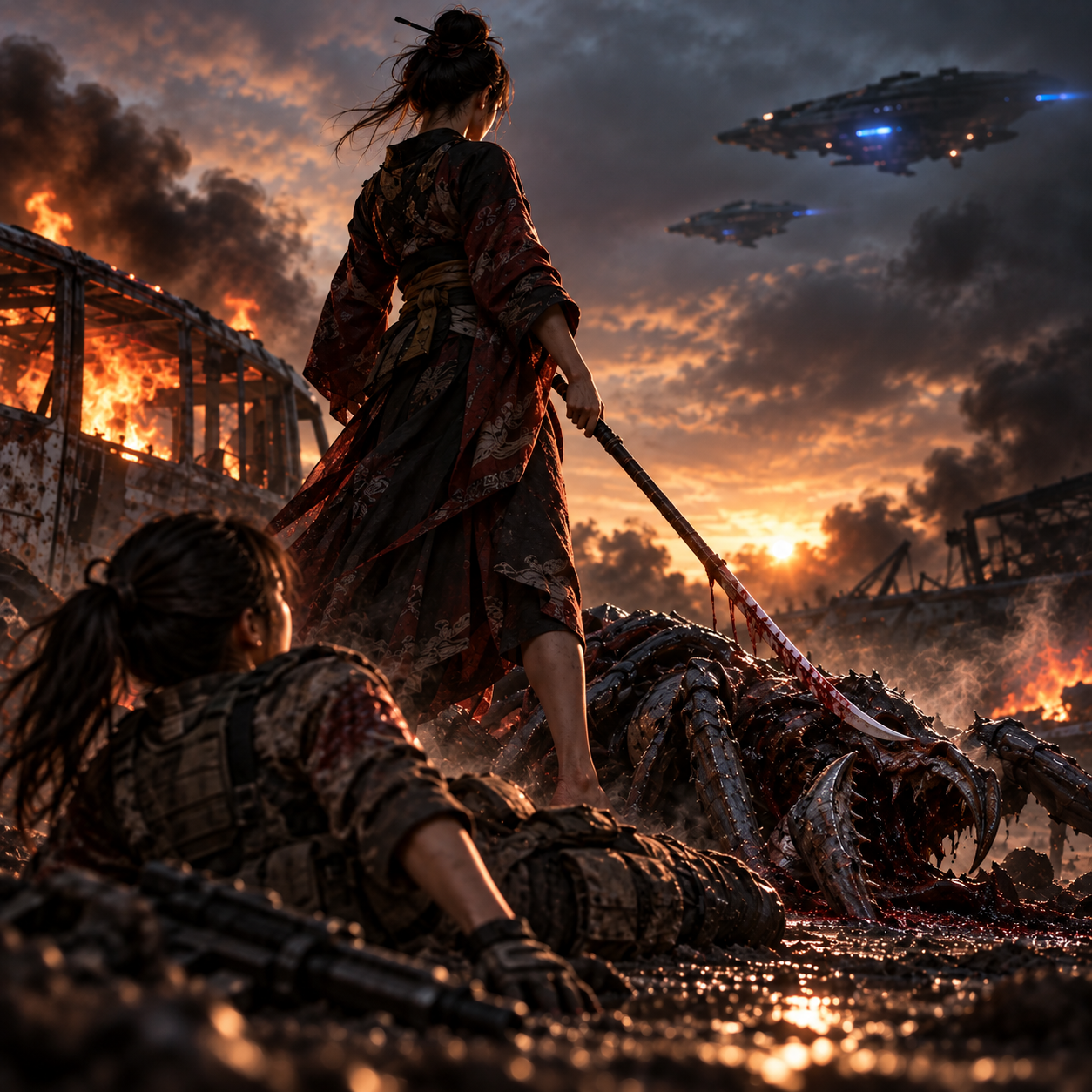 Noriko stands among the ruins as alien craft cross a burning sky