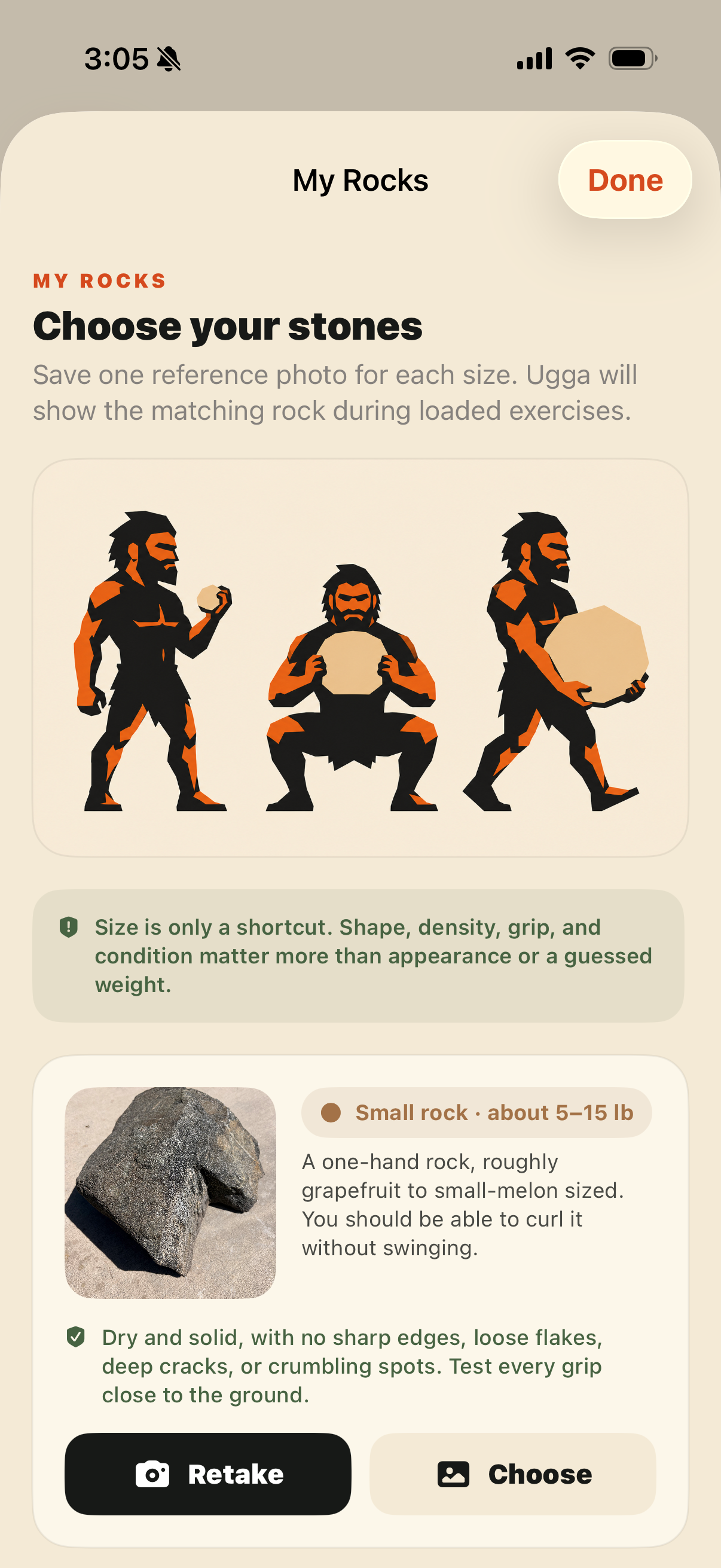 UGGA's My Rocks screen, showing illustrated cavemen and guidance for choosing a safe training stone